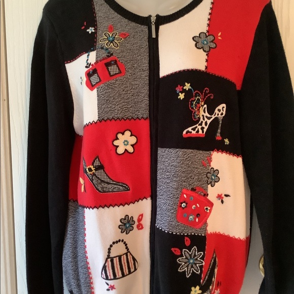 Holiday Cardigan Alfred Dunner zip red white&black beads holiday attire pretty - Picture 5 of 12